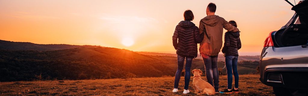 Family and dog watching a sunset on a road trip.